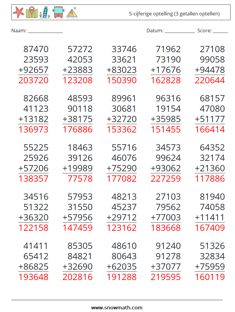 (25) 5-cijferige optelling (3 getallen optellen) Wiskundige werkbladen 13 Vraag, Antwoord