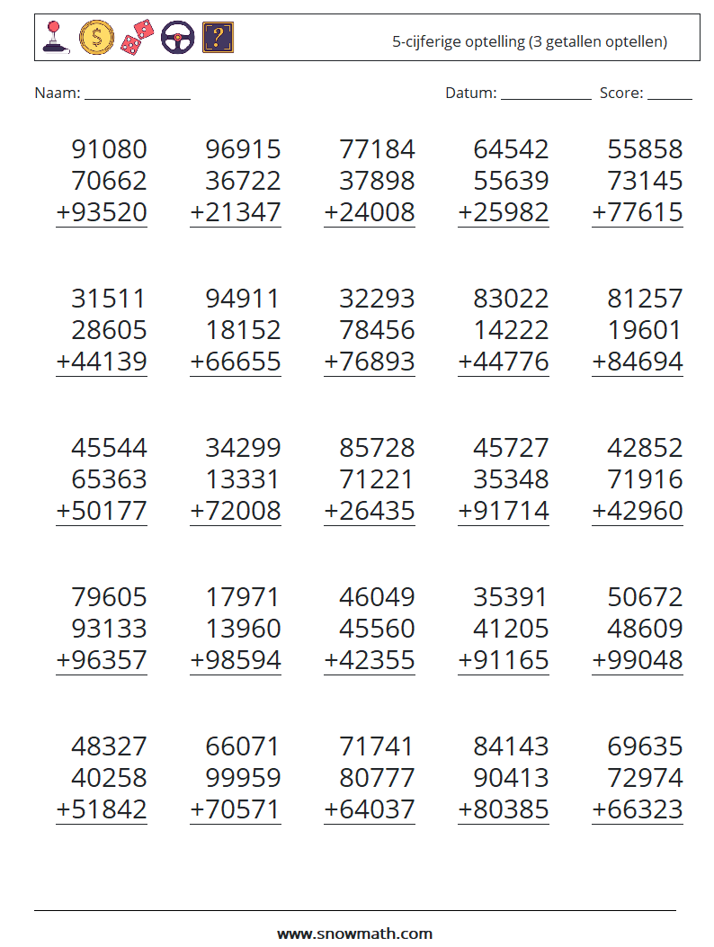 (25) 5-cijferige optelling (3 getallen optellen) Wiskundige werkbladen 14