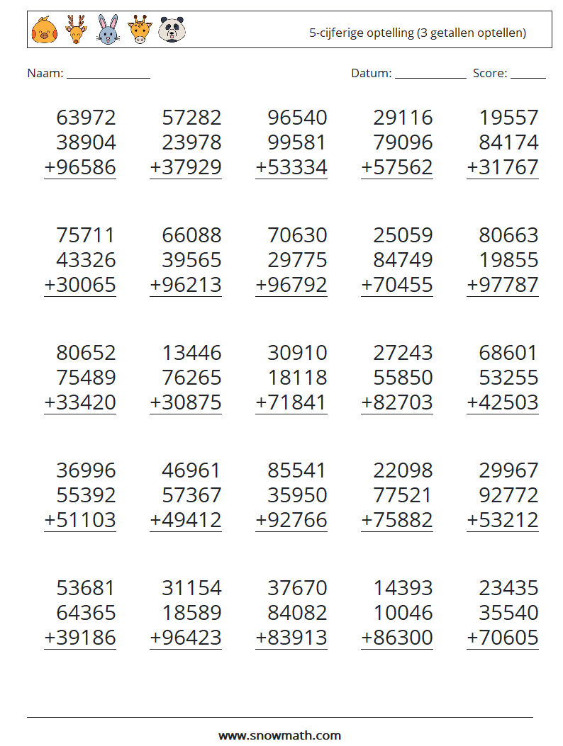 (25) 5-cijferige optelling (3 getallen optellen) Wiskundige werkbladen 15