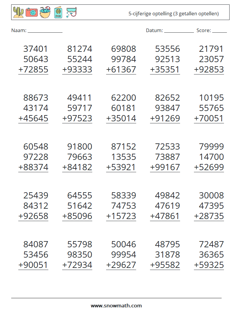 (25) 5-cijferige optelling (3 getallen optellen) Wiskundige werkbladen 17