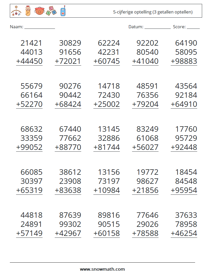 (25) 5-cijferige optelling (3 getallen optellen) Wiskundige werkbladen 2