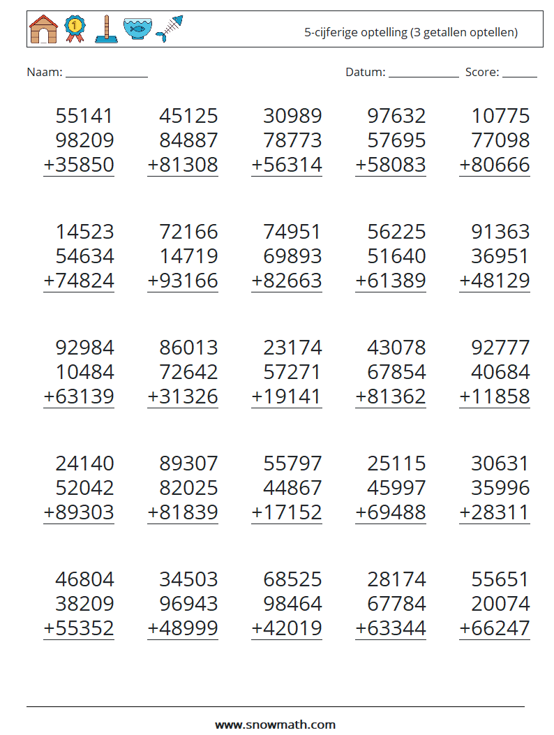(25) 5-cijferige optelling (3 getallen optellen) Wiskundige werkbladen 3