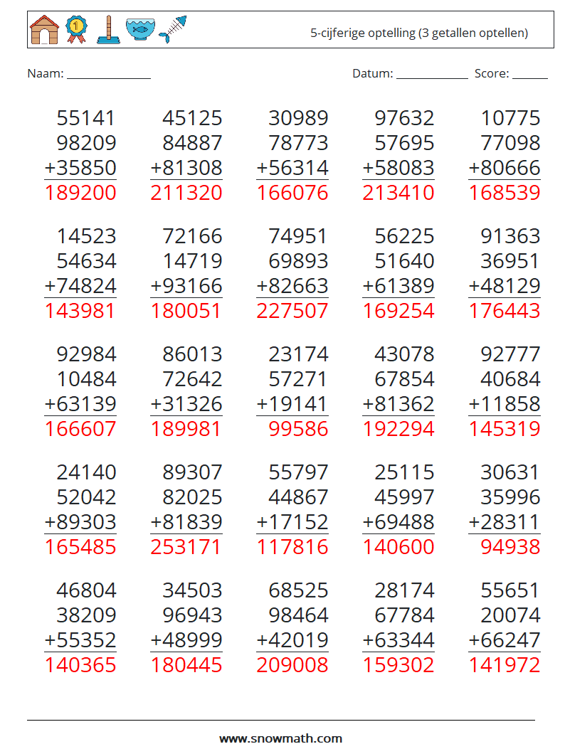 (25) 5-cijferige optelling (3 getallen optellen) Wiskundige werkbladen 3 Vraag, Antwoord
