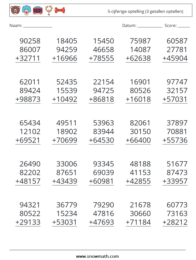 (25) 5-cijferige optelling (3 getallen optellen) Wiskundige werkbladen 4