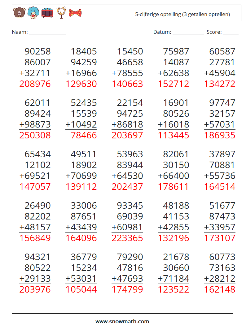 (25) 5-cijferige optelling (3 getallen optellen) Wiskundige werkbladen 4 Vraag, Antwoord