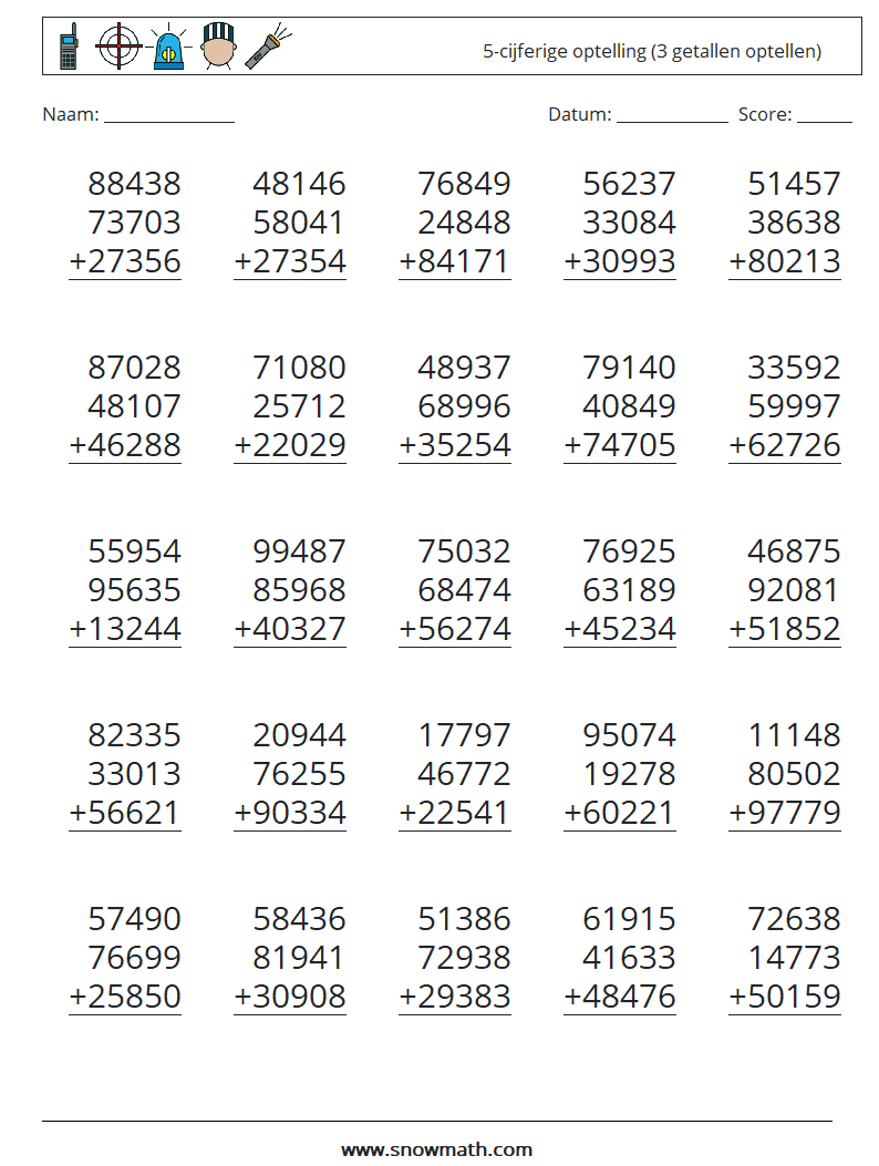 (25) 5-cijferige optelling (3 getallen optellen) Wiskundige werkbladen 5