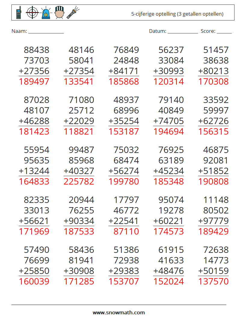 (25) 5-cijferige optelling (3 getallen optellen) Wiskundige werkbladen 5 Vraag, Antwoord