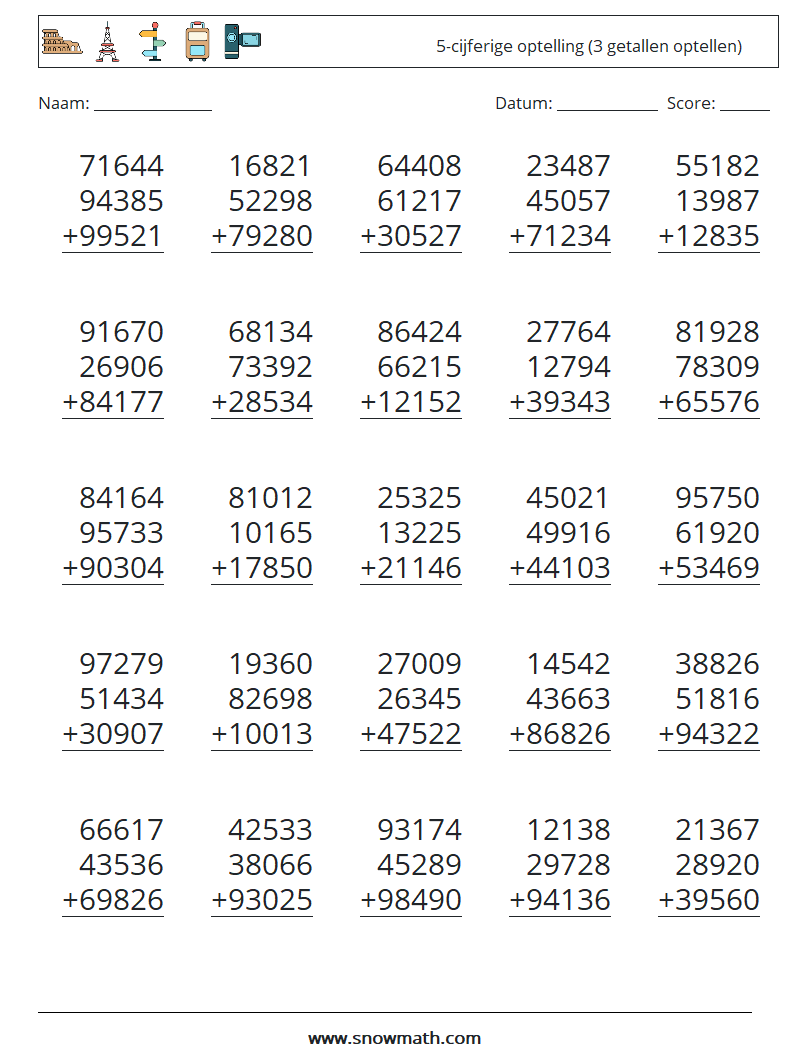 (25) 5-cijferige optelling (3 getallen optellen) Wiskundige werkbladen 6
