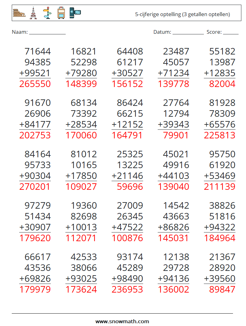 (25) 5-cijferige optelling (3 getallen optellen) Wiskundige werkbladen 6 Vraag, Antwoord