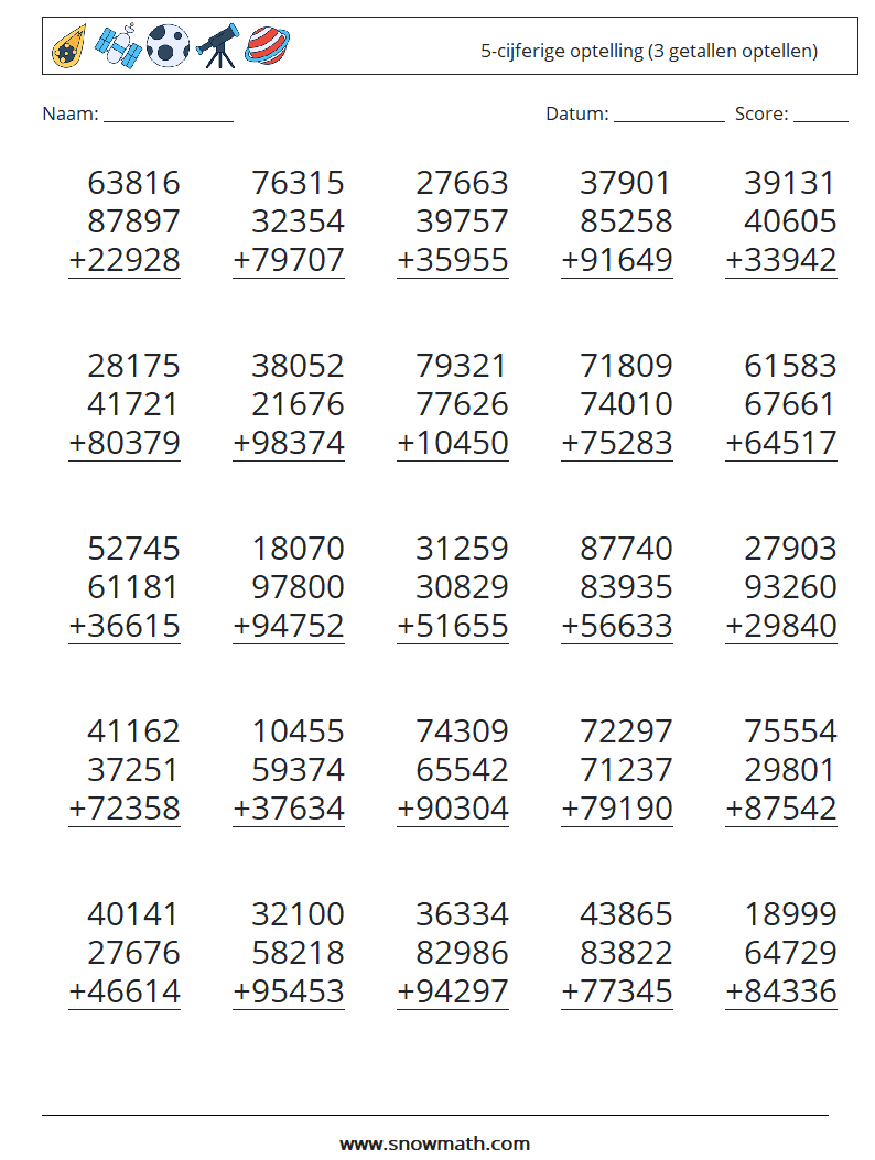 (25) 5-cijferige optelling (3 getallen optellen) Wiskundige werkbladen 9
