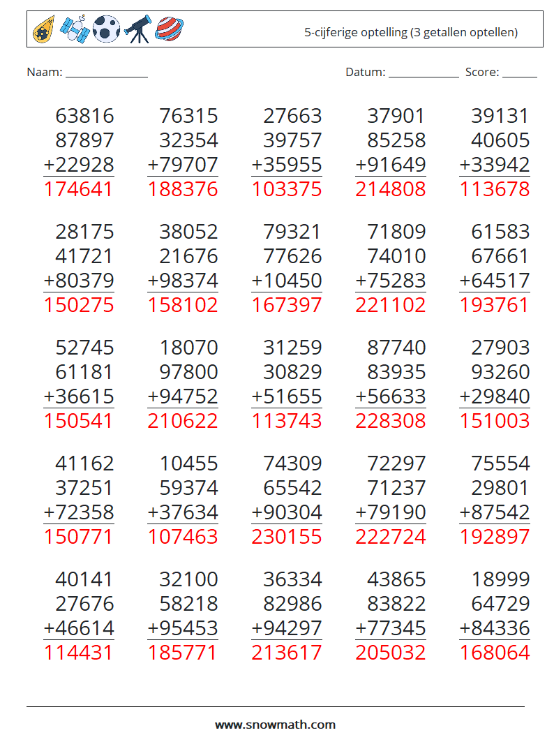 (25) 5-cijferige optelling (3 getallen optellen) Wiskundige werkbladen 9 Vraag, Antwoord