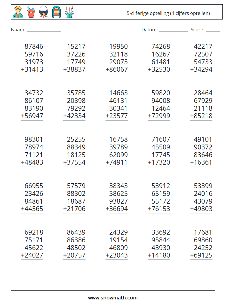 (25) 5-cijferige optelling (4 cijfers optellen) Wiskundige werkbladen 1