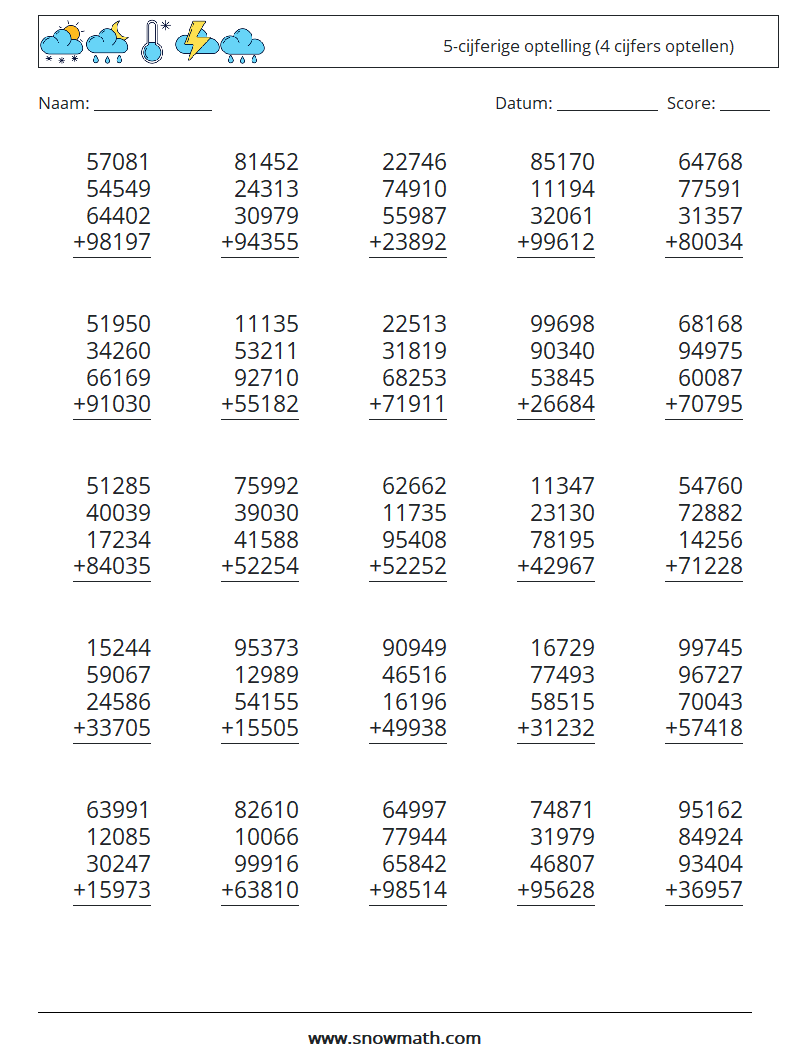 (25) 5-cijferige optelling (4 cijfers optellen) Wiskundige werkbladen 10