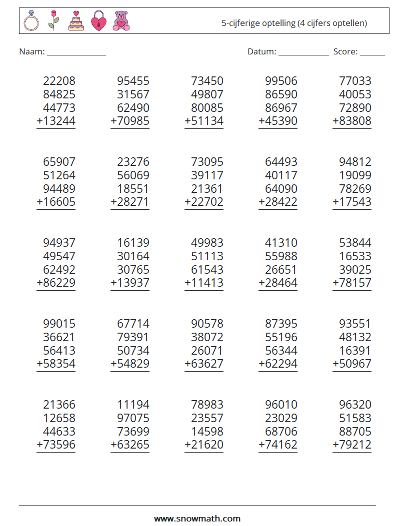 (25) 5-cijferige optelling (4 cijfers optellen) Wiskundige werkbladen 11