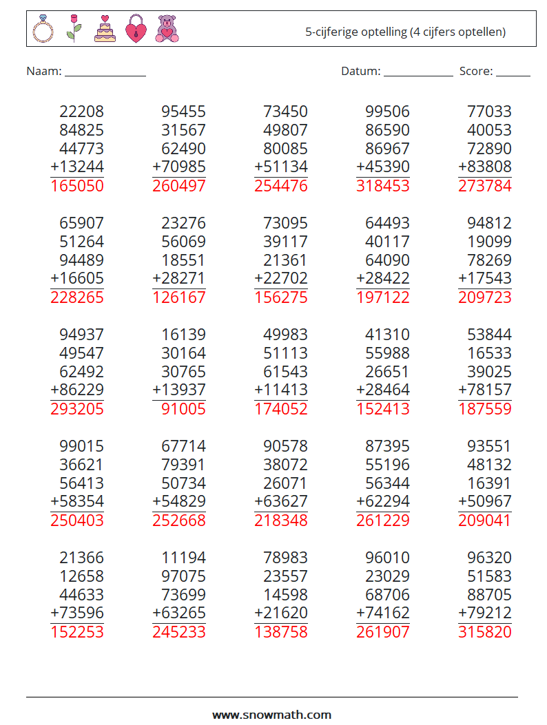 (25) 5-cijferige optelling (4 cijfers optellen) Wiskundige werkbladen 11 Vraag, Antwoord