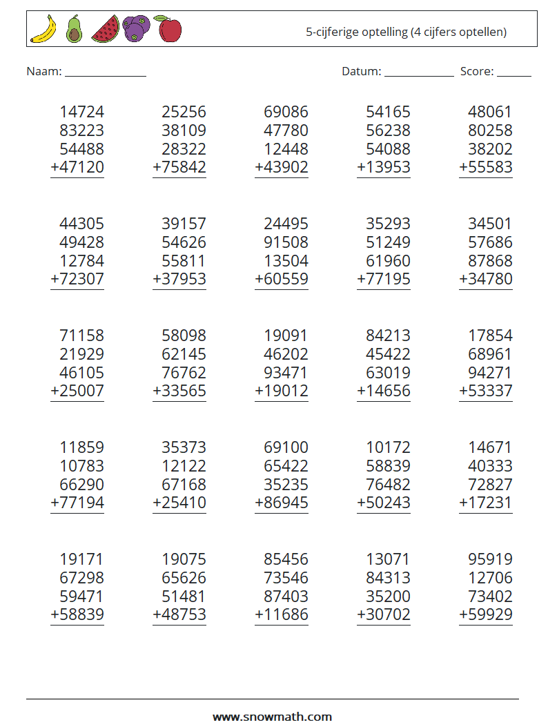 (25) 5-cijferige optelling (4 cijfers optellen) Wiskundige werkbladen 12