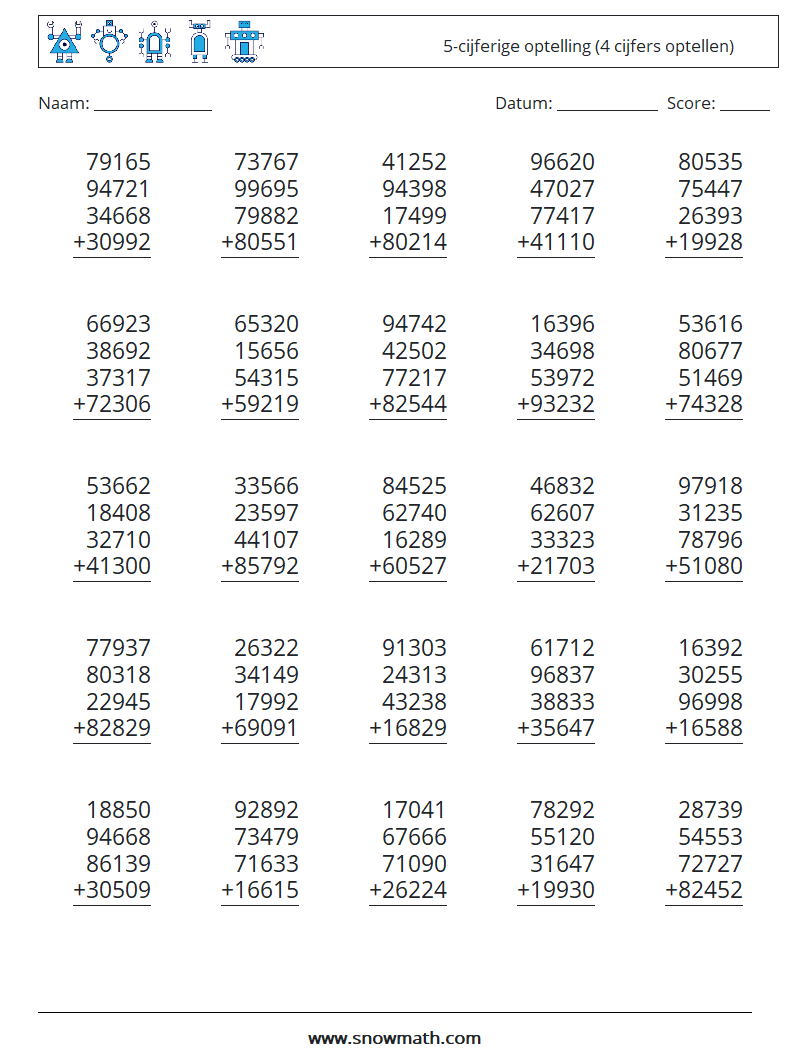 (25) 5-cijferige optelling (4 cijfers optellen) Wiskundige werkbladen 13