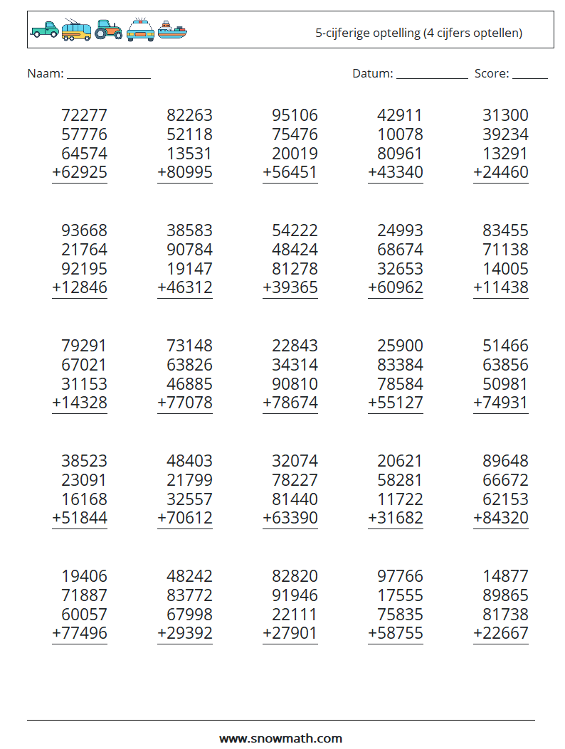 (25) 5-cijferige optelling (4 cijfers optellen) Wiskundige werkbladen 15