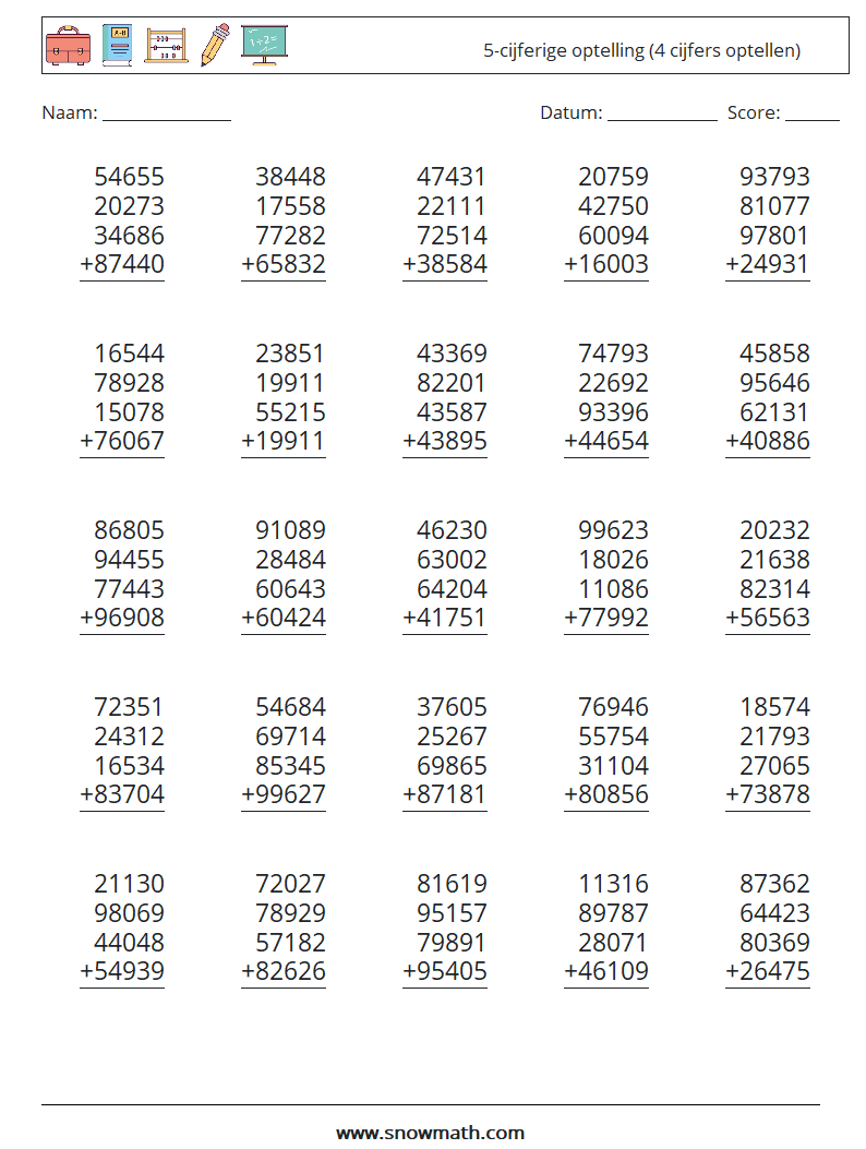 (25) 5-cijferige optelling (4 cijfers optellen) Wiskundige werkbladen 16