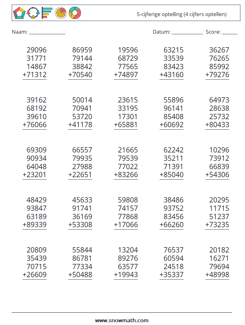 (25) 5-cijferige optelling (4 cijfers optellen) Wiskundige werkbladen 17