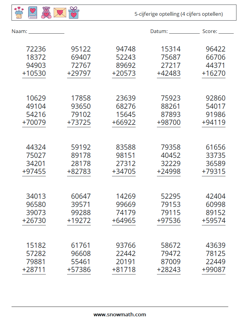 (25) 5-cijferige optelling (4 cijfers optellen) Wiskundige werkbladen 2