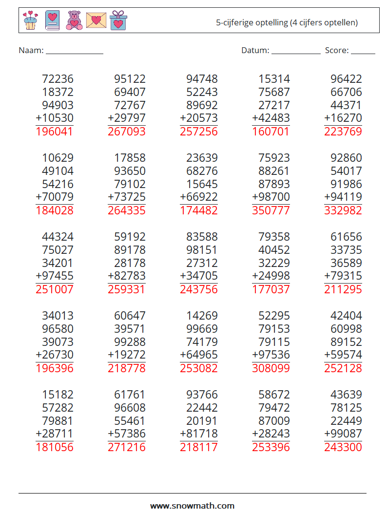 (25) 5-cijferige optelling (4 cijfers optellen) Wiskundige werkbladen 2 Vraag, Antwoord