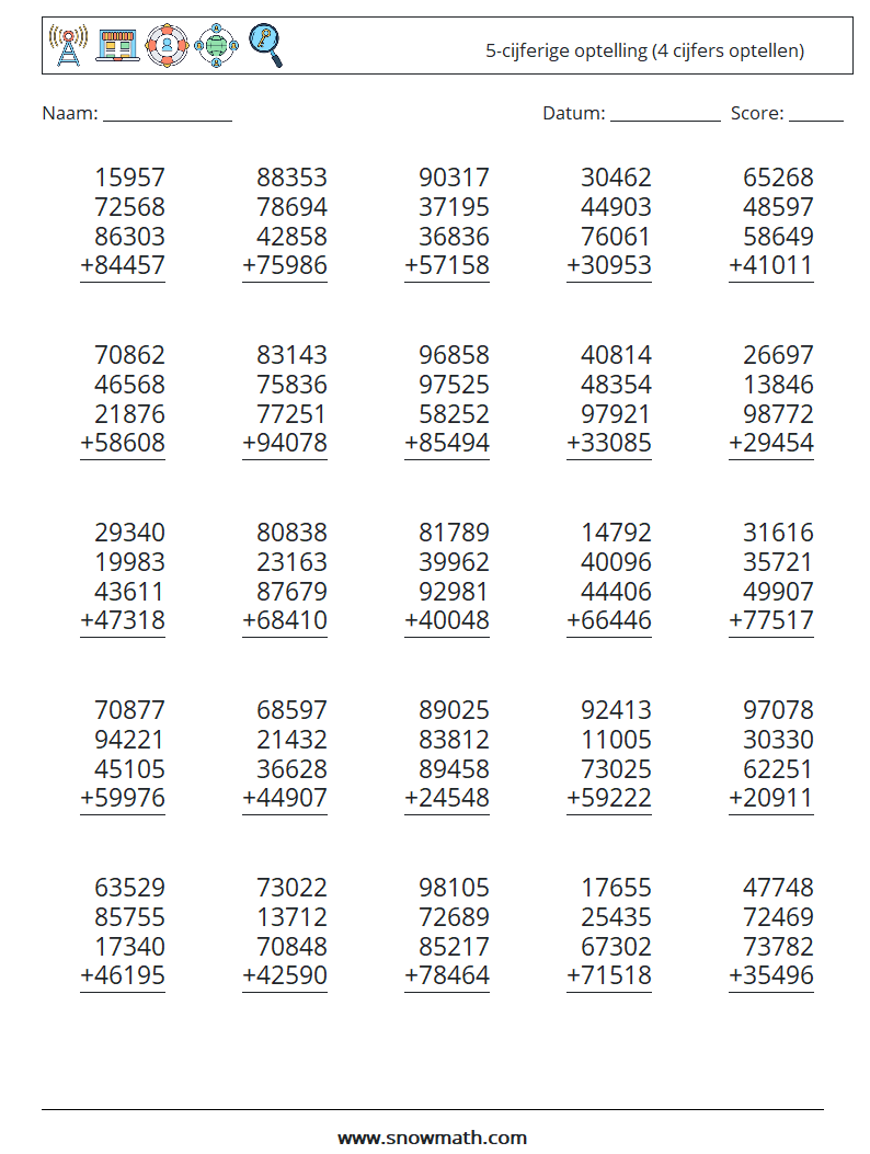 (25) 5-cijferige optelling (4 cijfers optellen) Wiskundige werkbladen 3
