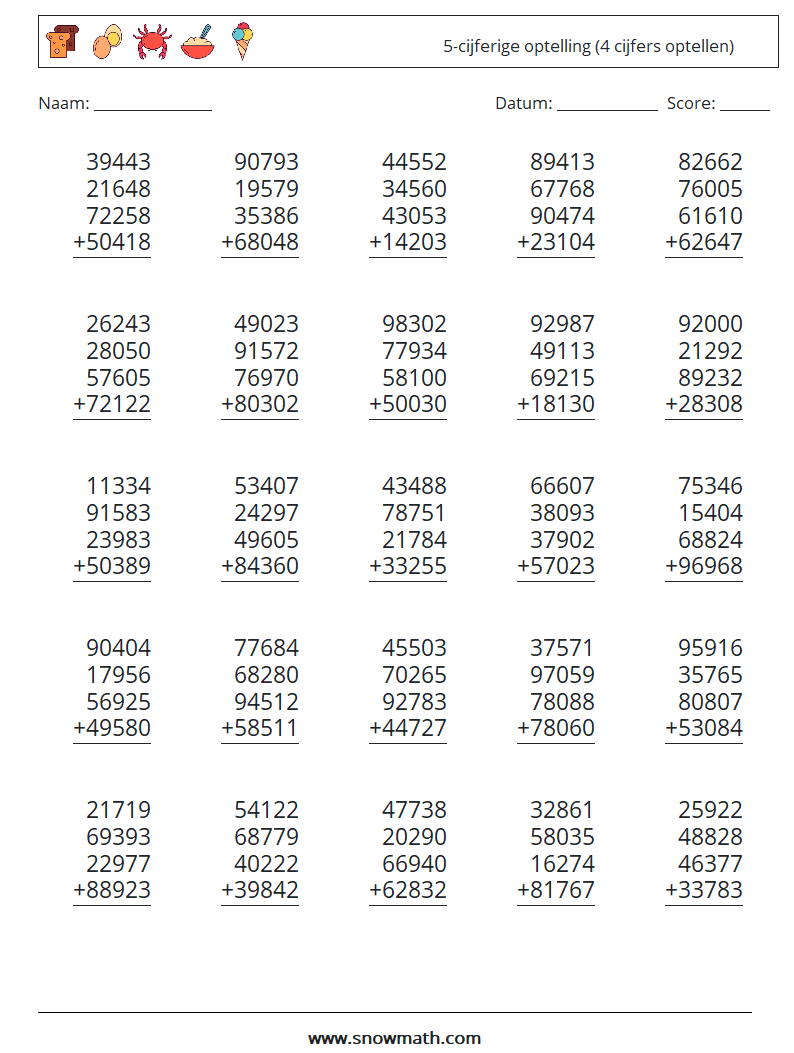 (25) 5-cijferige optelling (4 cijfers optellen) Wiskundige werkbladen 4
