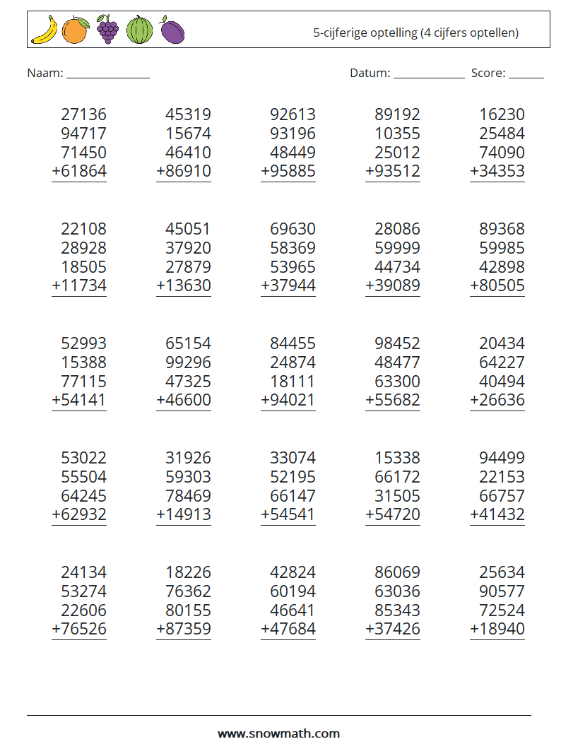 (25) 5-cijferige optelling (4 cijfers optellen) Wiskundige werkbladen 5