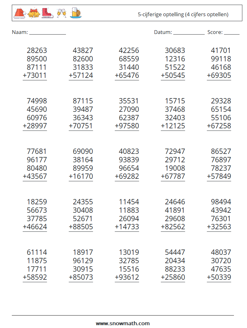 (25) 5-cijferige optelling (4 cijfers optellen) Wiskundige werkbladen 6