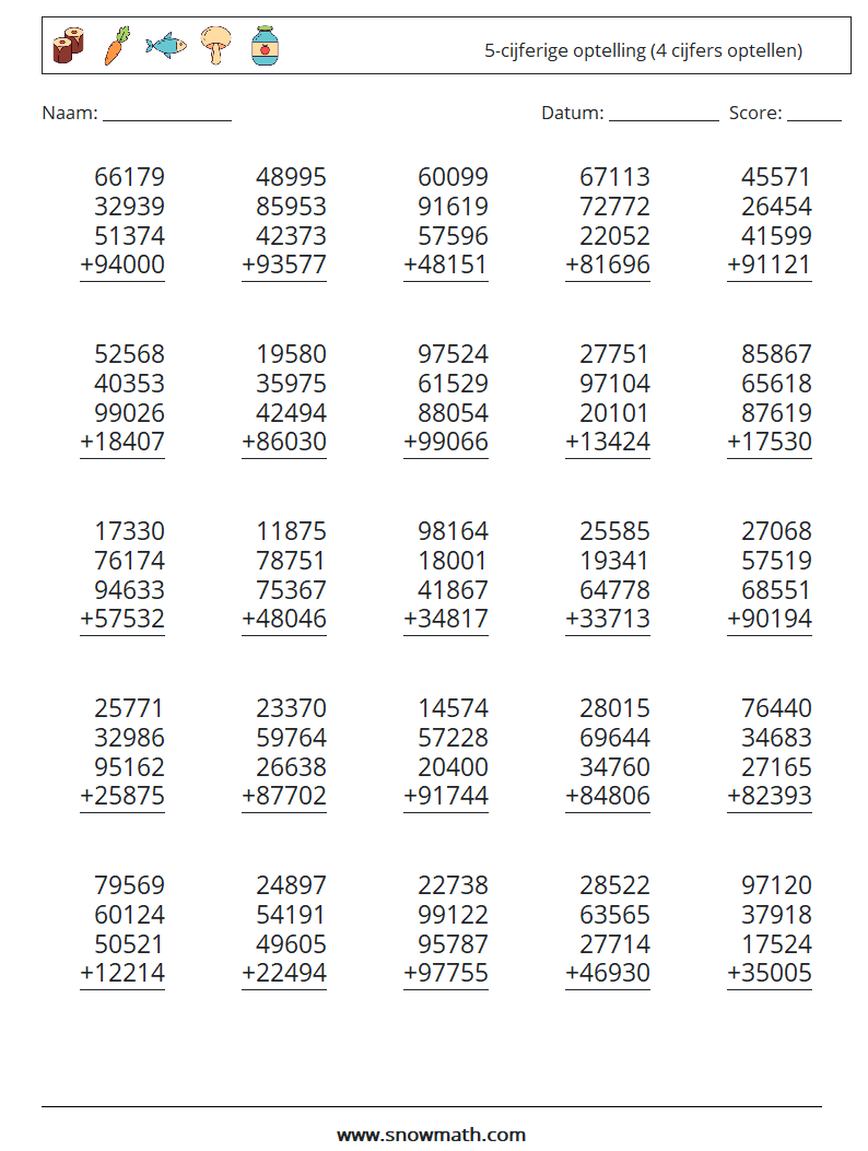 (25) 5-cijferige optelling (4 cijfers optellen) Wiskundige werkbladen 7
