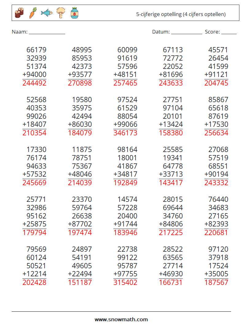 (25) 5-cijferige optelling (4 cijfers optellen) Wiskundige werkbladen 7 Vraag, Antwoord