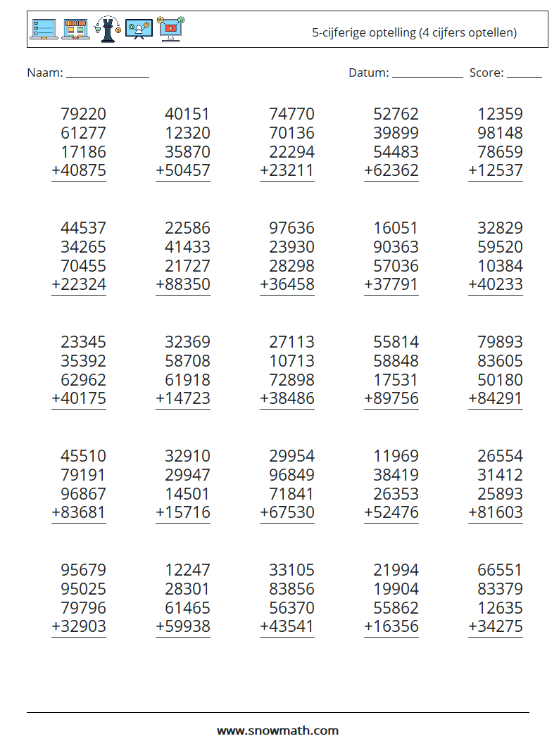 (25) 5-cijferige optelling (4 cijfers optellen) Wiskundige werkbladen 8