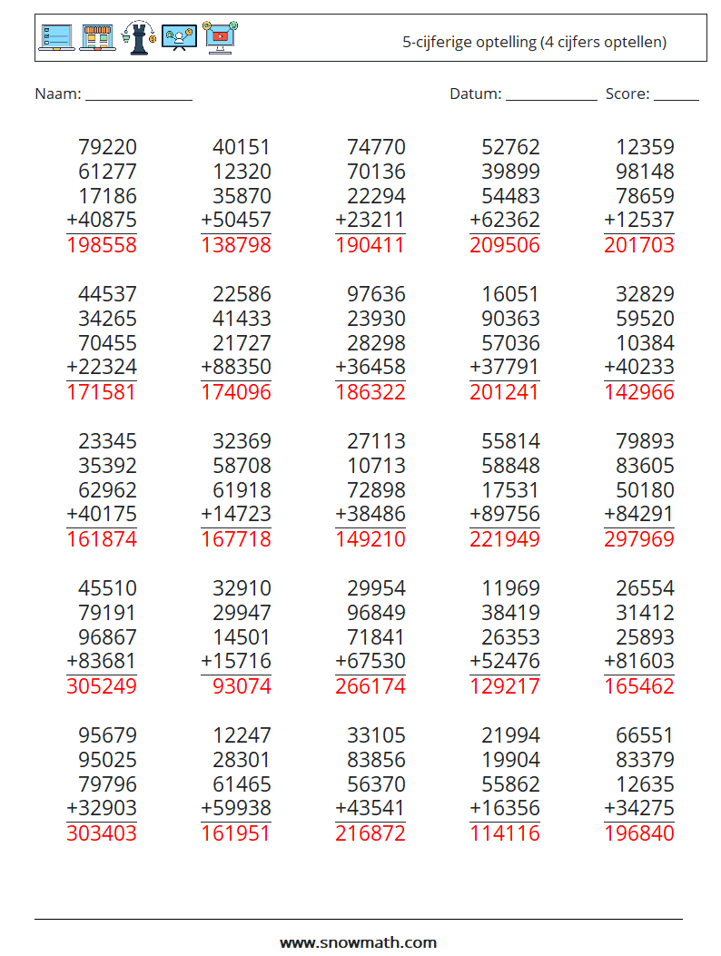 (25) 5-cijferige optelling (4 cijfers optellen) Wiskundige werkbladen 8 Vraag, Antwoord