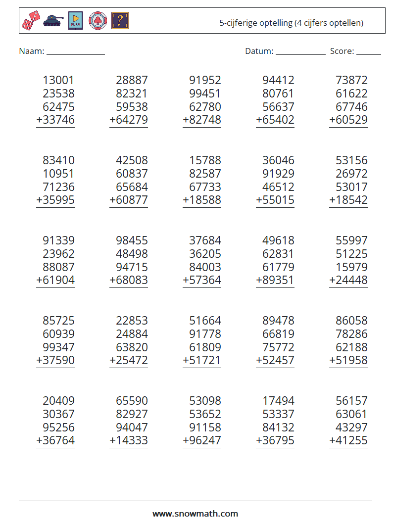 (25) 5-cijferige optelling (4 cijfers optellen) Wiskundige werkbladen 9