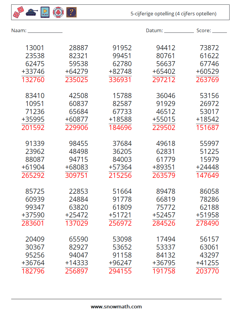 (25) 5-cijferige optelling (4 cijfers optellen) Wiskundige werkbladen 9 Vraag, Antwoord