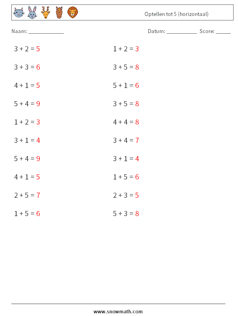 (20) Optellen tot 5 (horizontaal) Wiskundige werkbladen 1 Vraag, Antwoord