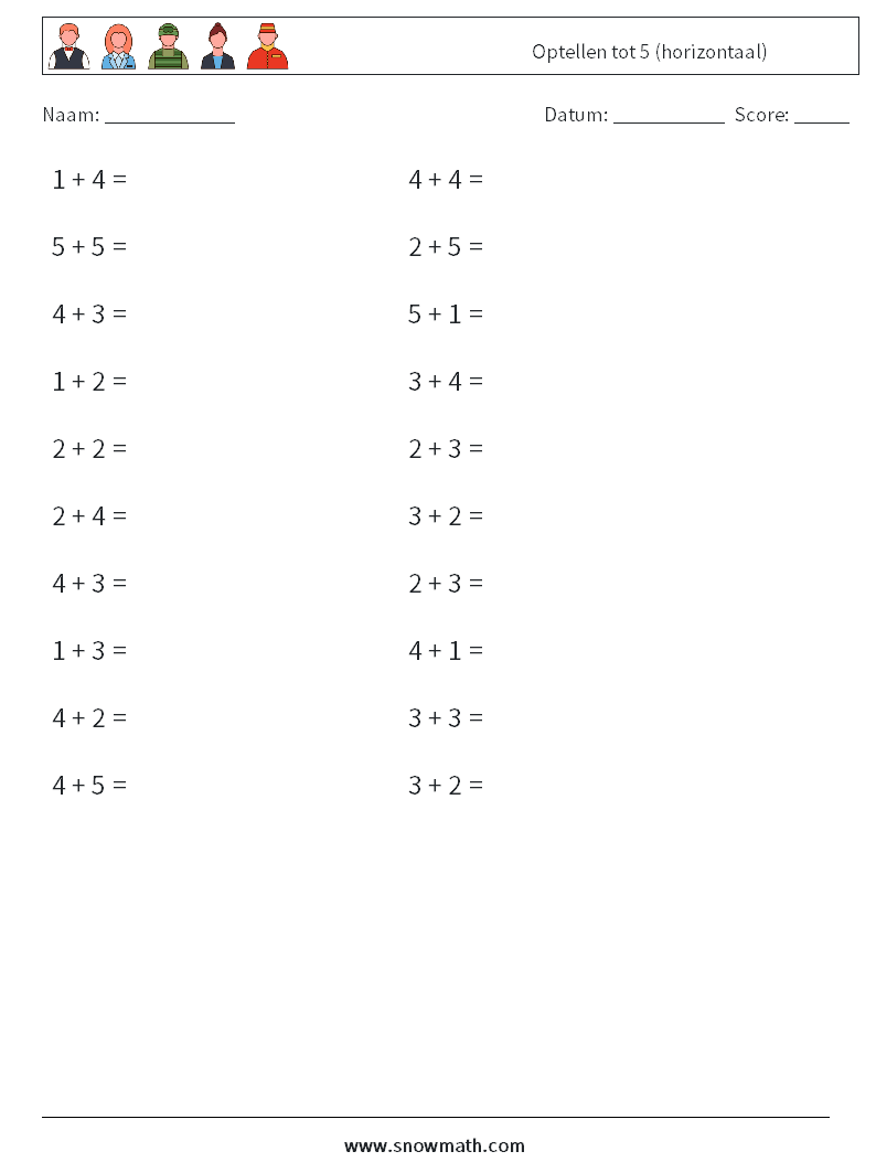 (20) Optellen tot 5 (horizontaal) Wiskundige werkbladen 2