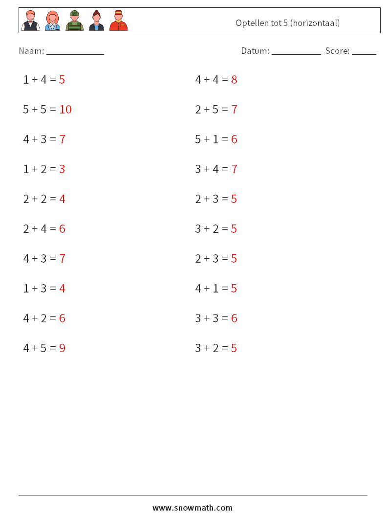 (20) Optellen tot 5 (horizontaal) Wiskundige werkbladen 2 Vraag, Antwoord