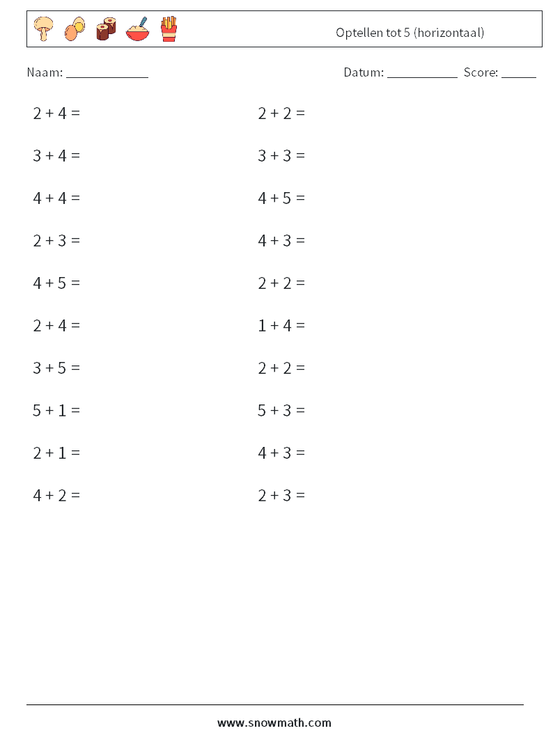 (20) Optellen tot 5 (horizontaal) Wiskundige werkbladen 3