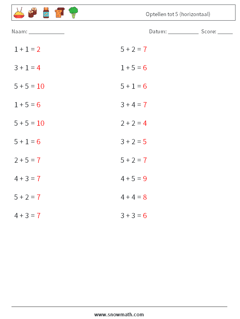 (20) Optellen tot 5 (horizontaal) Wiskundige werkbladen 4 Vraag, Antwoord