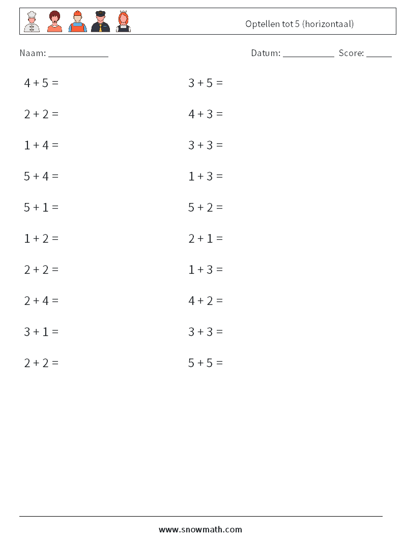 (20) Optellen tot 5 (horizontaal) Wiskundige werkbladen 5