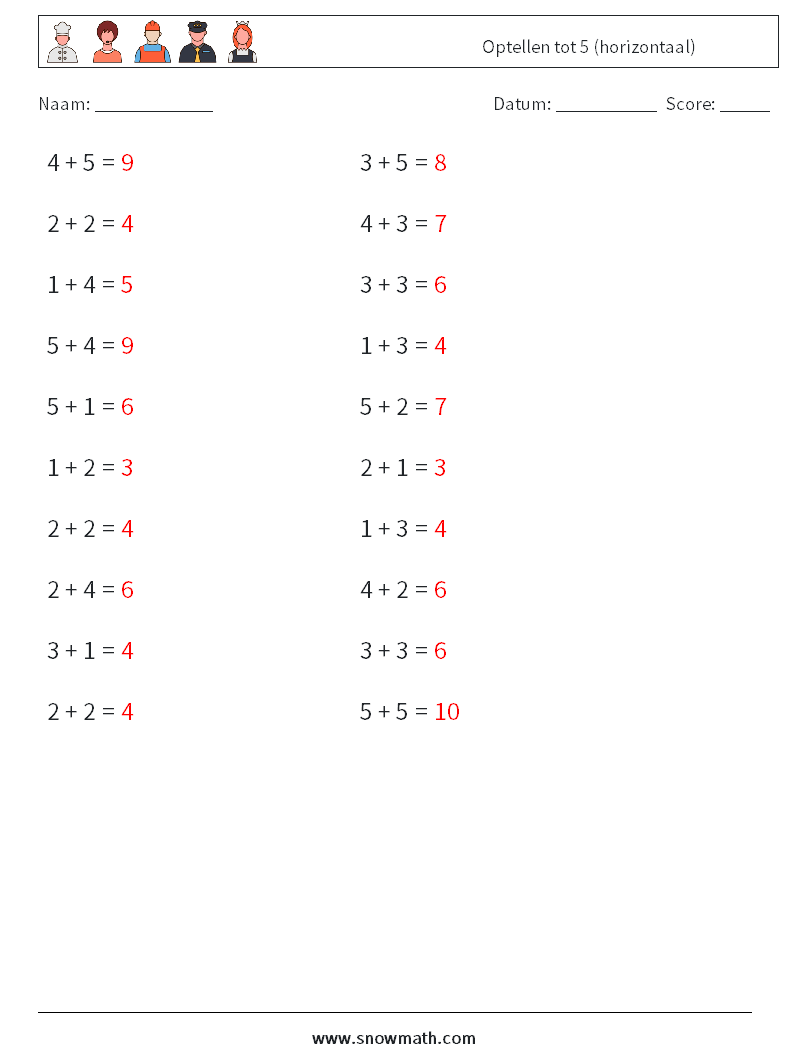(20) Optellen tot 5 (horizontaal) Wiskundige werkbladen 5 Vraag, Antwoord