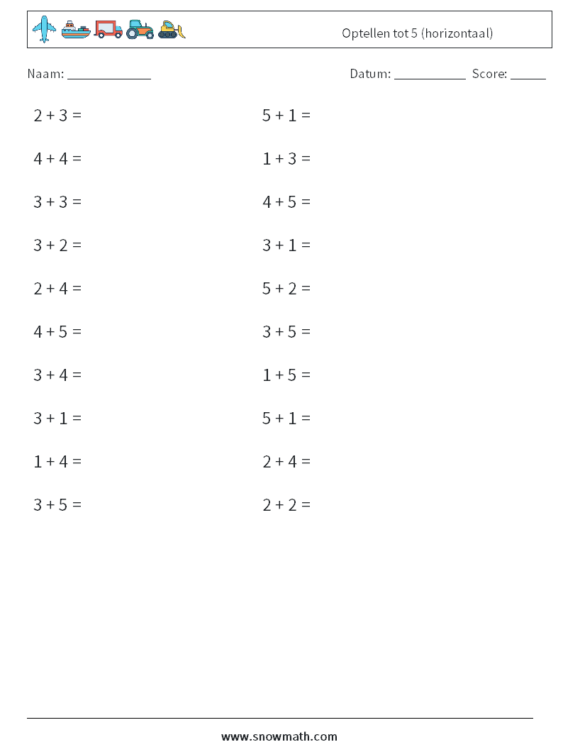 (20) Optellen tot 5 (horizontaal) Wiskundige werkbladen 6