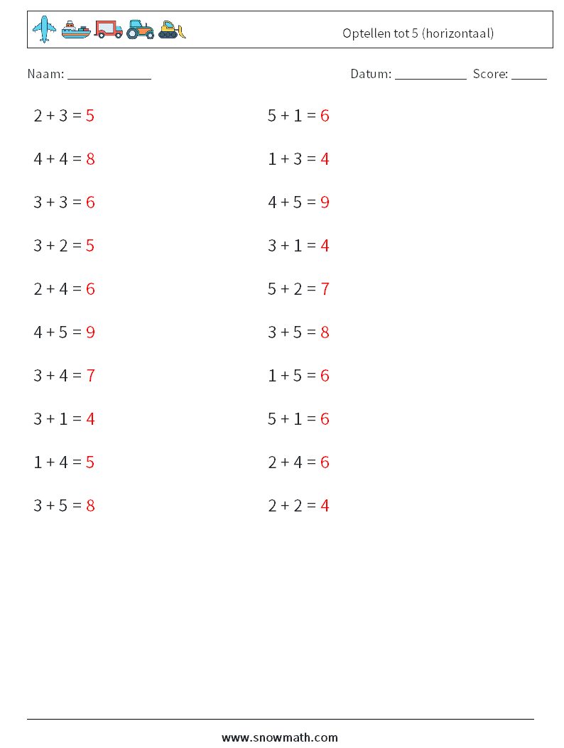 (20) Optellen tot 5 (horizontaal) Wiskundige werkbladen 6 Vraag, Antwoord