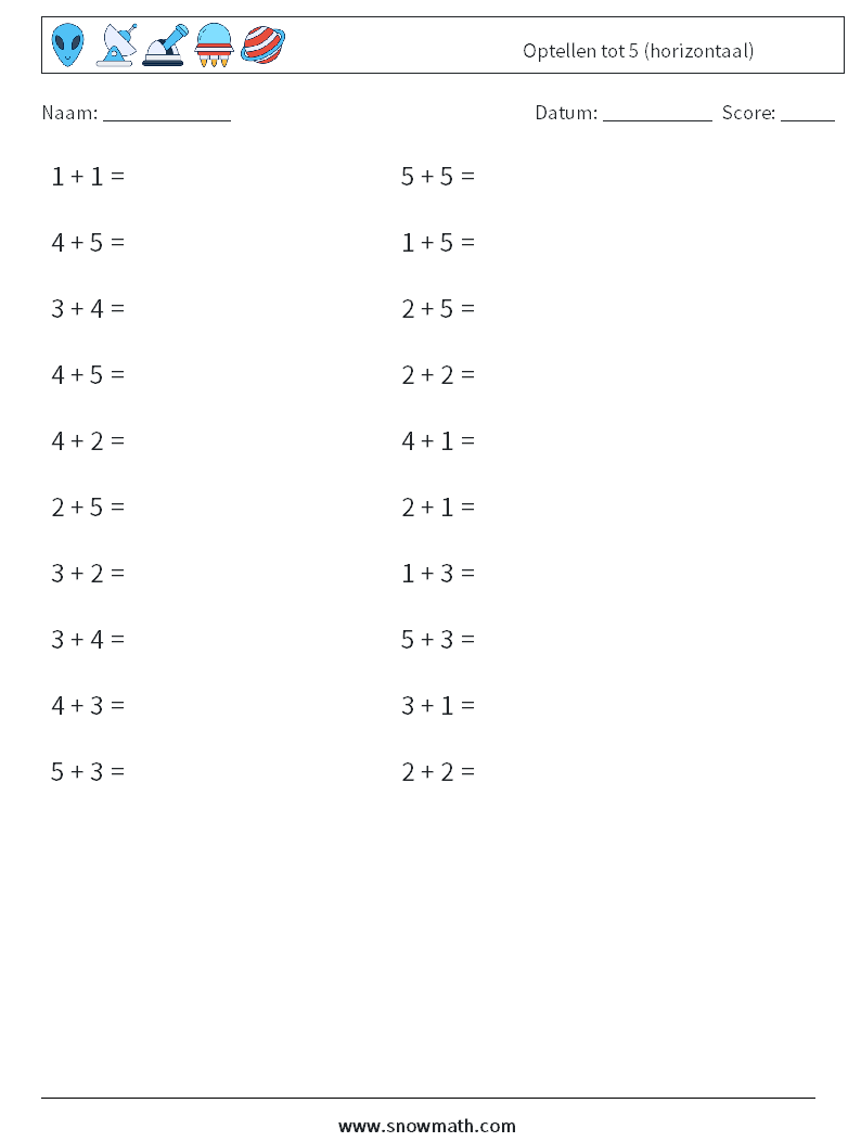 (20) Optellen tot 5 (horizontaal) Wiskundige werkbladen 7