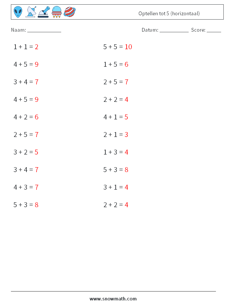 (20) Optellen tot 5 (horizontaal) Wiskundige werkbladen 7 Vraag, Antwoord