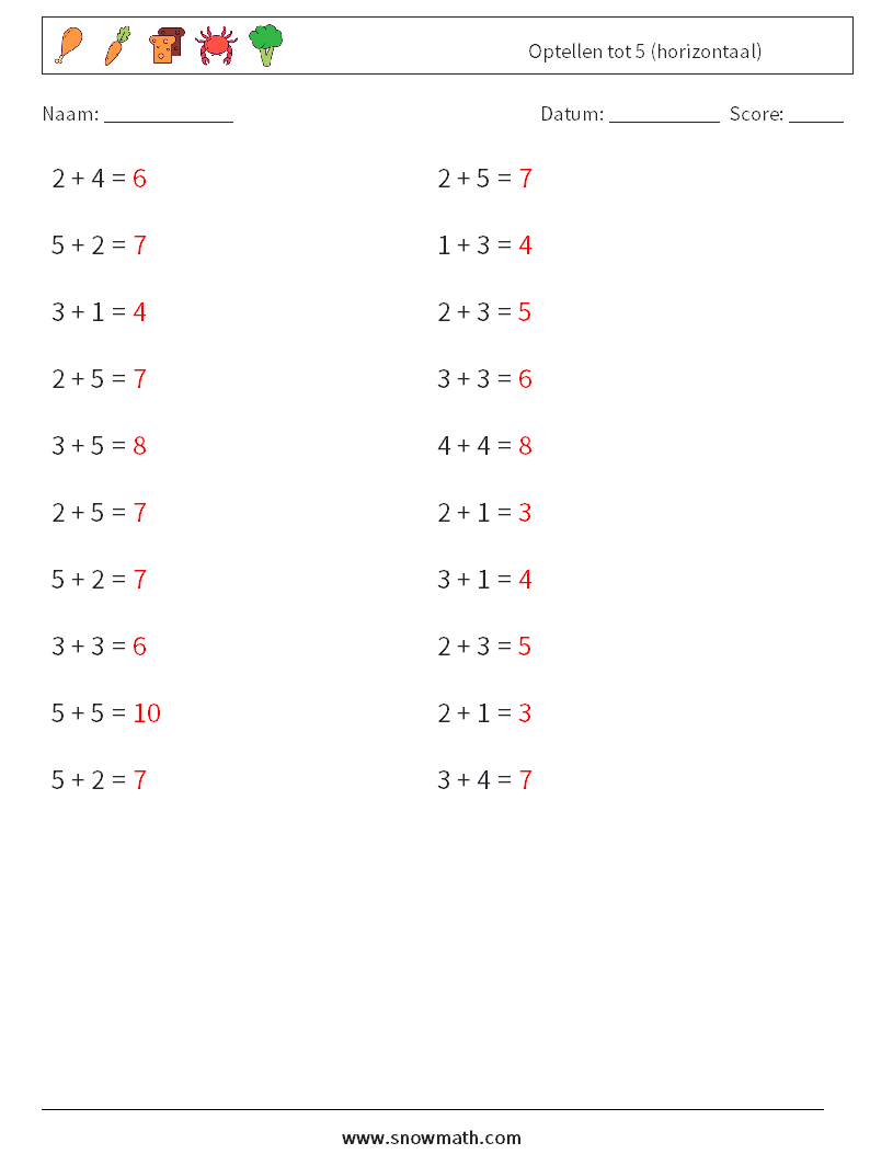 (20) Optellen tot 5 (horizontaal) Wiskundige werkbladen 8 Vraag, Antwoord