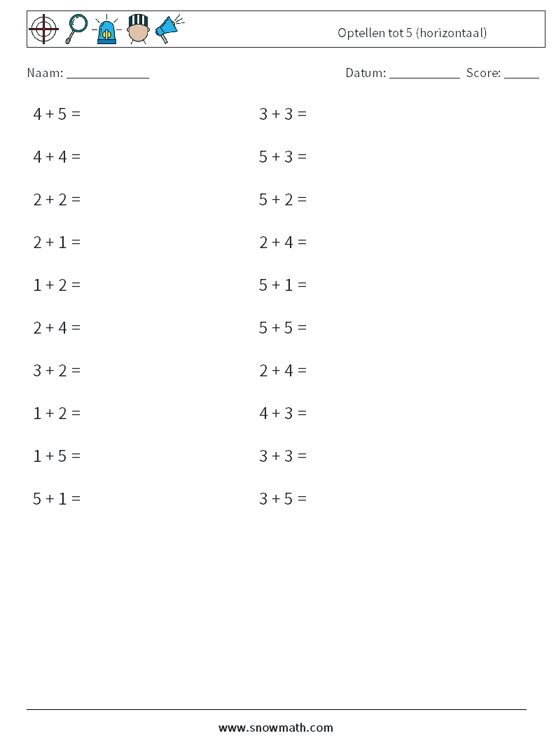 (20) Optellen tot 5 (horizontaal) Wiskundige werkbladen 9