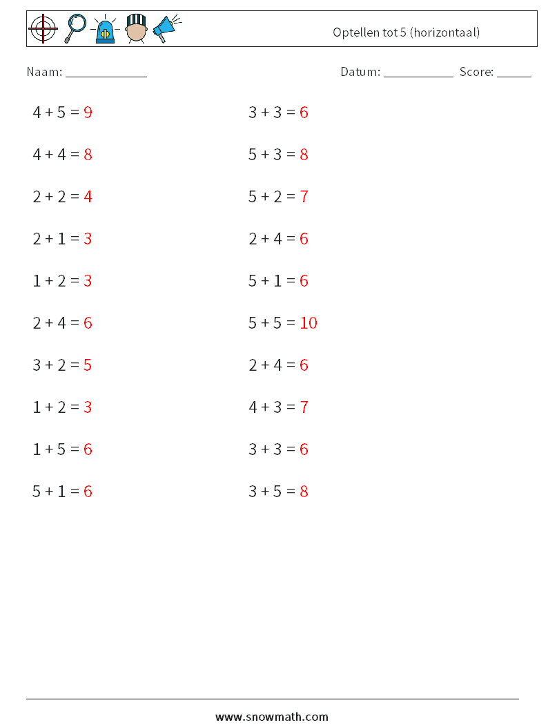 (20) Optellen tot 5 (horizontaal) Wiskundige werkbladen 9 Vraag, Antwoord